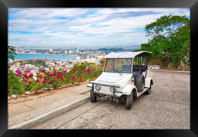 Pulmonia taxi with panoramic view of the Mazatlan Old City Framed Print by Elijah Lovkoff