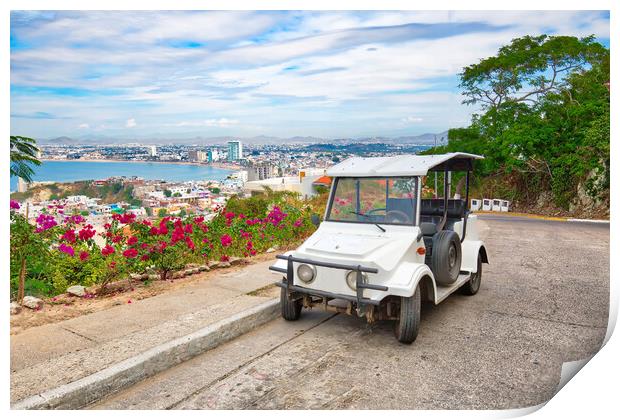 Pulmonia taxi with panoramic view of the Mazatlan Old City Print by Elijah Lovkoff