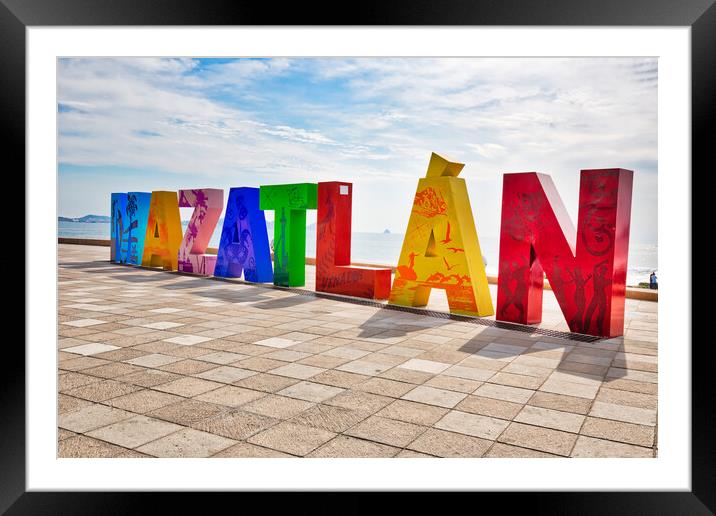 Mazatlan, Mexico, Big Mazatlan Letters at the entrance to Golden Zone (Zona Dorada), a famous touristic beach and resort zone Framed Mounted Print by Elijah Lovkoff