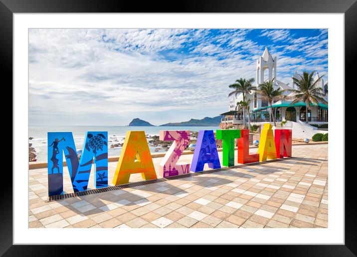 Mazatlan, Mexico, Big Mazatlan Letters at the entrance to Golden Zone (Zona Dorada), a famous touristic beach and resort zone Framed Mounted Print by Elijah Lovkoff