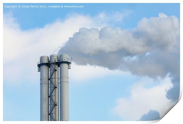 Emissions of smoke and steam from an industrial chimney into a clear sky. Print by Sergii Petruk