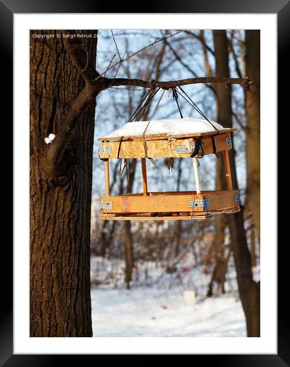 Bird feeder hanging on a tree branch in the winter forest against the backdrop of sunlight. Framed Mounted Print by Sergii Petruk
