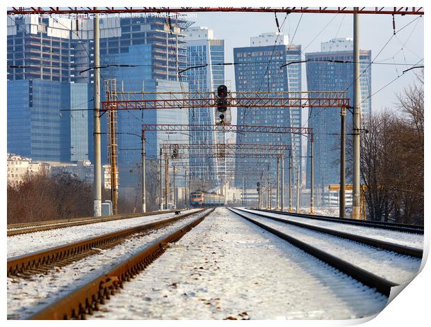Winter cityscape, electric train moving on rails, central perspective. Print by Sergii Petruk