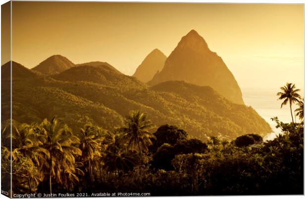 The Pitons at sunset, St Lucia, Windward Islands, Caribbean Canvas Print by Justin Foulkes