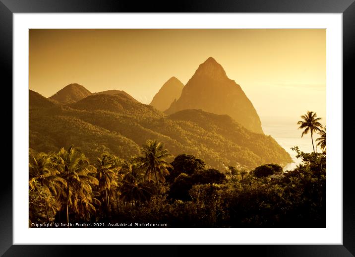 The Pitons at sunset, St Lucia, Windward Islands, Caribbean Framed Mounted Print by Justin Foulkes
