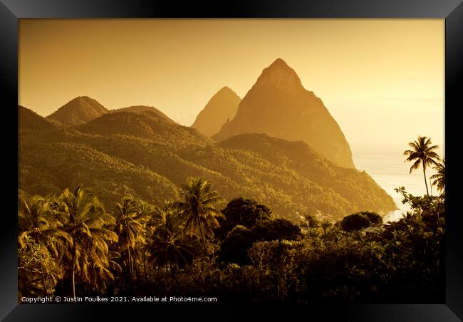 The Pitons at sunset, St Lucia, Windward Islands, Caribbean Framed Print by Justin Foulkes