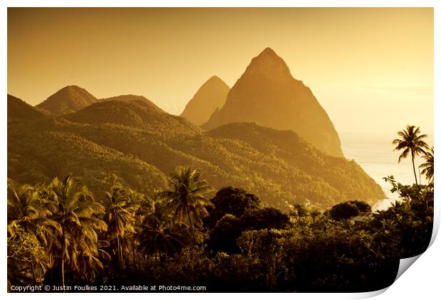 The Pitons at sunset, St Lucia, Windward Islands, Caribbean Print by Justin Foulkes