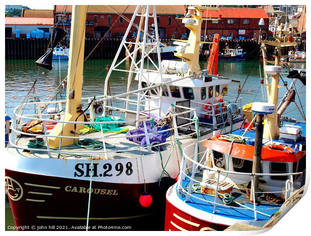 Fishing boats at Scarborough harbour in Yorkshire. Print by john hill