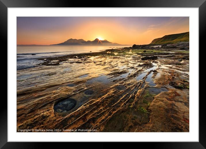 Laig Bay Sunset over Rum Isle of Eigg Scotland Framed Mounted Print by Barbara Jones
