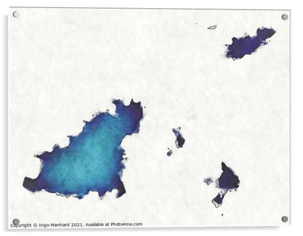 Guernsey map with drawn lines and blue watercolor illustration Acrylic by Ingo Menhard