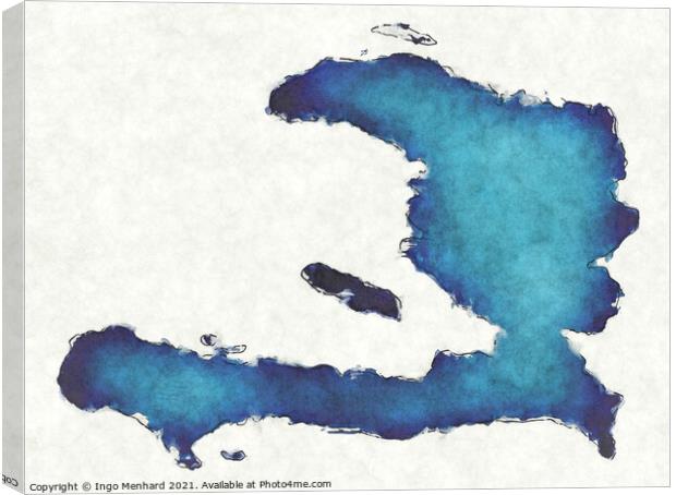 Haiti map with drawn lines and blue watercolor illustration Canvas Print by Ingo Menhard