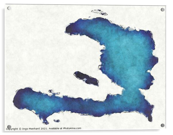 Haiti map with drawn lines and blue watercolor illustration Acrylic by Ingo Menhard