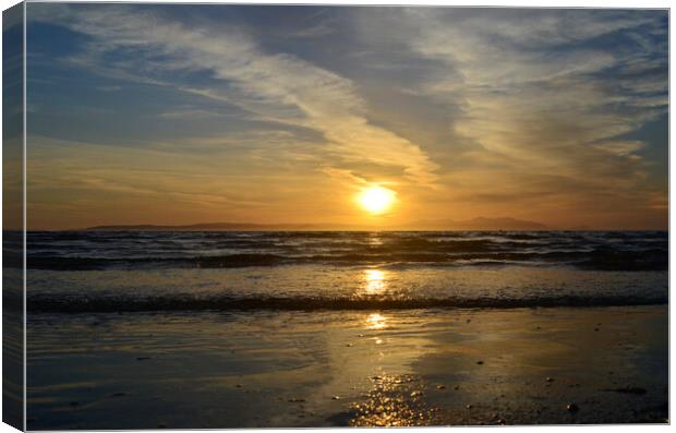 Ayr beach sunset over Isle of Arran Canvas Print by Allan Durward Photography