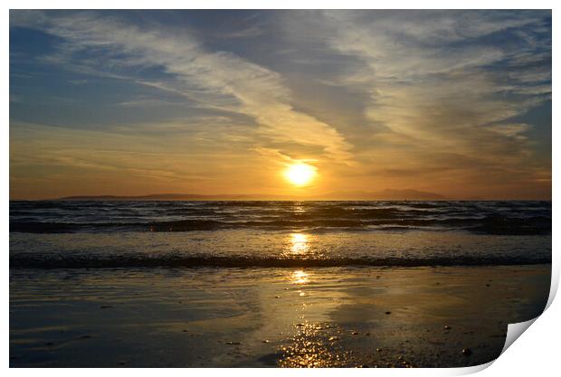 Ayr beach sunset over Isle of Arran Print by Allan Durward Photography