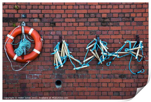 Life Belt rope ladder on brick wall Print by Helen Jones