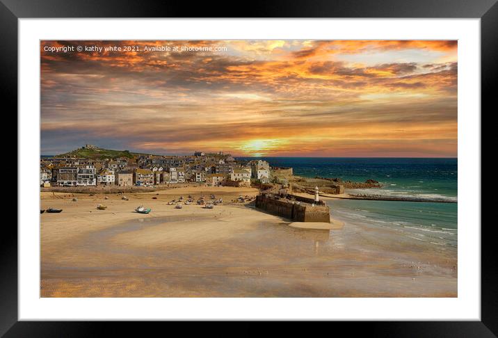Majestic Sunset at St Ives Harbour Framed Mounted Print by kathy white