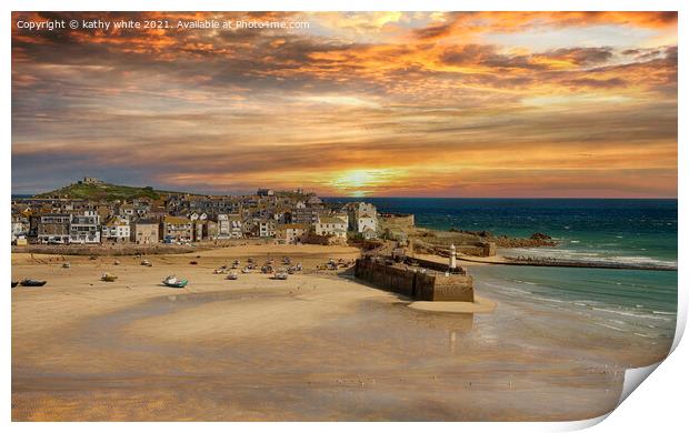 Majestic Sunset at St Ives Harbour Print by kathy white