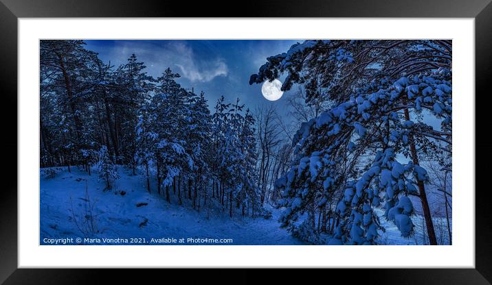 Winter night landscape with snow-covered pine tree Framed Mounted Print by Maria Vonotna