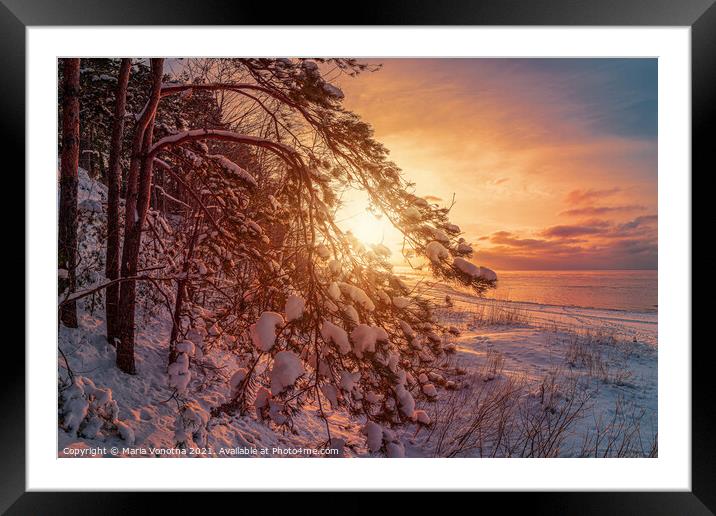 Sunset over winter sea landscape Framed Mounted Print by Maria Vonotna