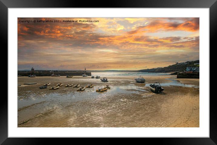  st Ives harbour lighthouse, sunrise Framed Mounted Print by kathy white