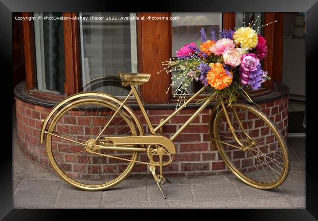 Decorated Golden bicycle with Colorful Flowers Framed Print by PhotOvation-Akshay Thaker
