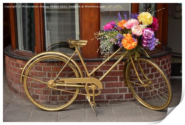 Decorated Golden bicycle with Colorful Flowers Print by PhotOvation-Akshay Thaker