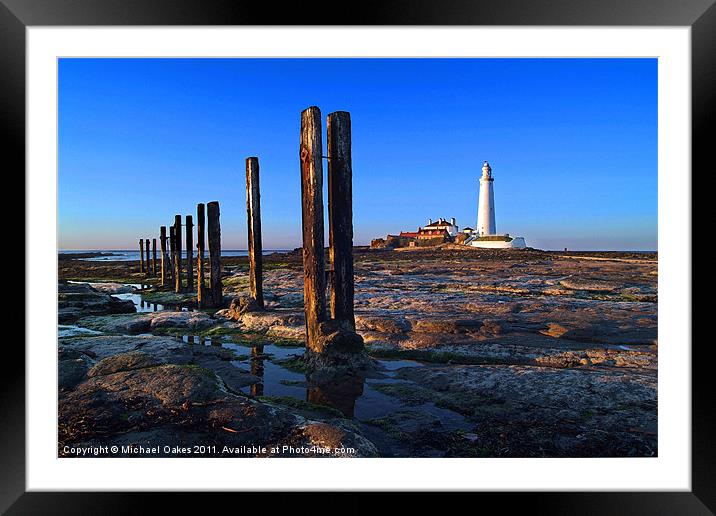 St. Mary's Lighthouse, sunset. Framed Mounted Print by Michael Oakes