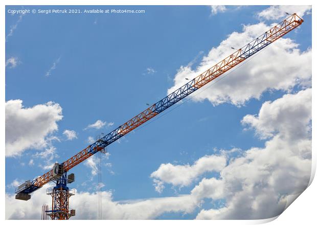 An arrow of a tower crane against a blue sky, divides the image diagonally. Print by Sergii Petruk