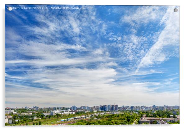 Panorama of the city under a high beautiful blue sky with light white curly clouds. Acrylic by Sergii Petruk