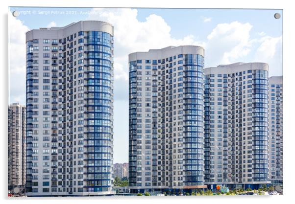 Tall houses of white-blue high-rise buildings in a new district of the city. Acrylic by Sergii Petruk