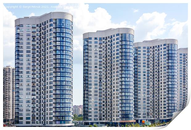 Tall houses of white-blue high-rise buildings in a new district of the city. Print by Sergii Petruk