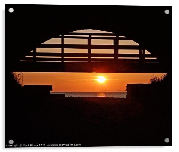 Water tunnel and wooden footbridge  sunset Acrylic by Mark Ritson