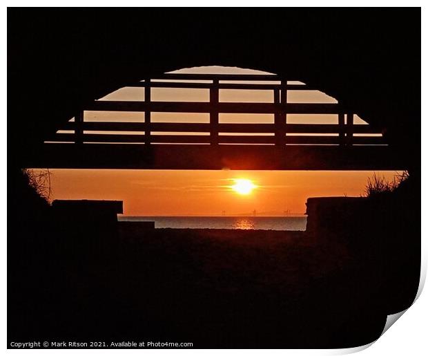 Water tunnel and wooden footbridge  sunset Print by Mark Ritson