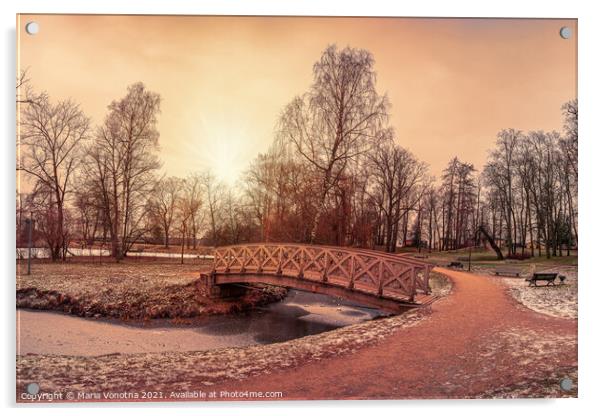 Sunset over wooden bridge in city park Acrylic by Maria Vonotna