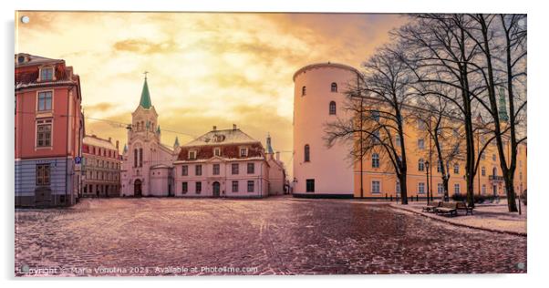 Riga Castle during sunset in winter Acrylic by Maria Vonotna