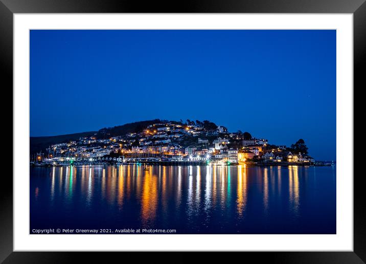 Lights On Houses In Kingswear, Dartmouth Harbour, Devon Framed Mounted Print by Peter Greenway