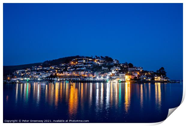 Lights On Houses In Kingswear, Dartmouth Harbour, Devon Print by Peter Greenway