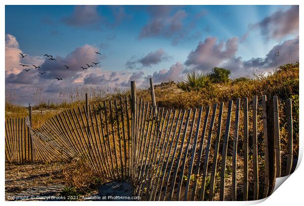 Fence Beside Sunset Beach Print by Darryl Brooks