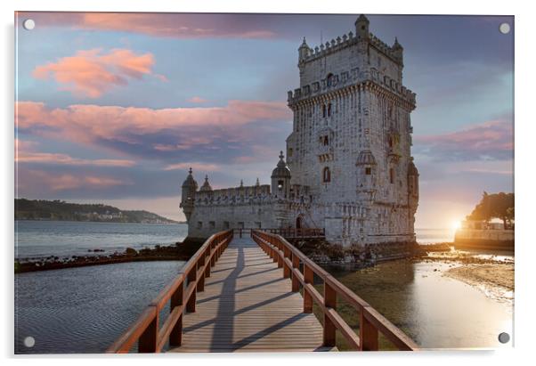 Portugal, Lisbon, Belem Tower at sunset on the bank of the Tagus River Acrylic by Elijah Lovkoff