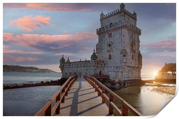Portugal, Lisbon, Belem Tower at sunset on the bank of the Tagus River Print by Elijah Lovkoff