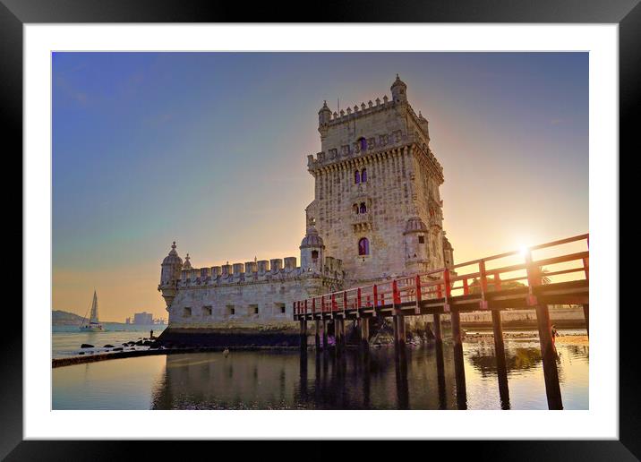 Portugal, Lisbon, Belem Tower at sunset on the bank of the Tagus River Framed Mounted Print by Elijah Lovkoff