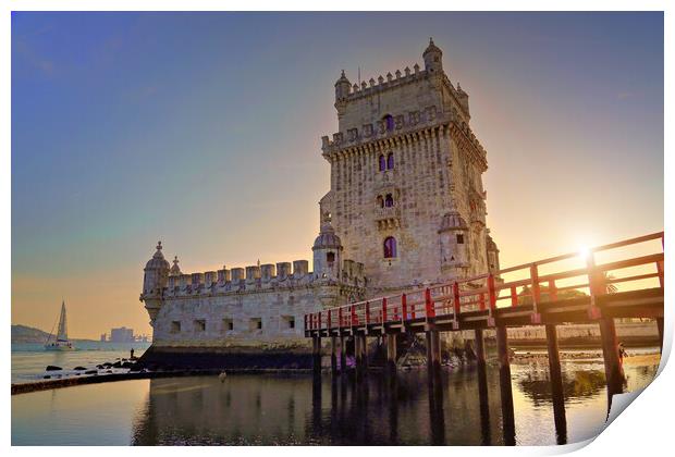 Portugal, Lisbon, Belem Tower at sunset on the bank of the Tagus River Print by Elijah Lovkoff
