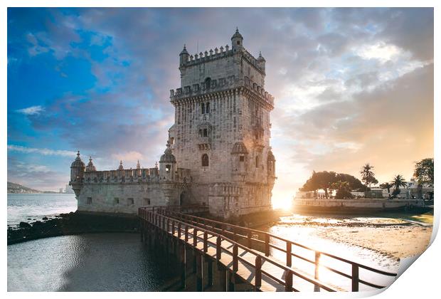 Lisbon, Belem Tower at sunset on the bank of the Tagus River Print by Elijah Lovkoff