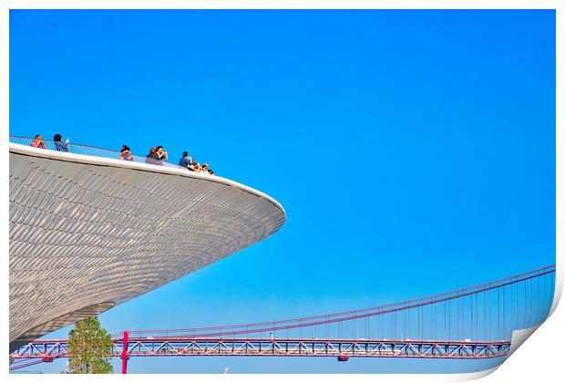 Famous MAAT Museum in Lisbon near river Tagus and Landmark 25 of April bridge Print by Elijah Lovkoff