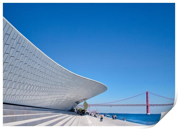 Famous MAAT Museum in Lisbon near river Tagus and Landmark 25 of April bridge Print by Elijah Lovkoff