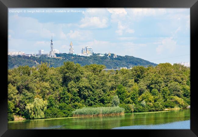 Beautiful summer landscape of the Dnipro islands to the Kyiv hills and the Pechersk Lavra on the horizon. Framed Print by Sergii Petruk