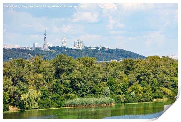 Beautiful summer landscape of the Dnipro islands to the Kyiv hills and the Pechersk Lavra on the horizon. Print by Sergii Petruk