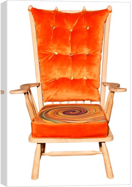 Wooden armchair with padded saddle and bright orange print, isolated on white background. Canvas Print by Sergii Petruk