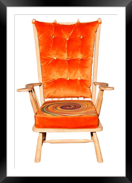 Wooden armchair with padded saddle and bright orange print, isolated on white background. Framed Mounted Print by Sergii Petruk