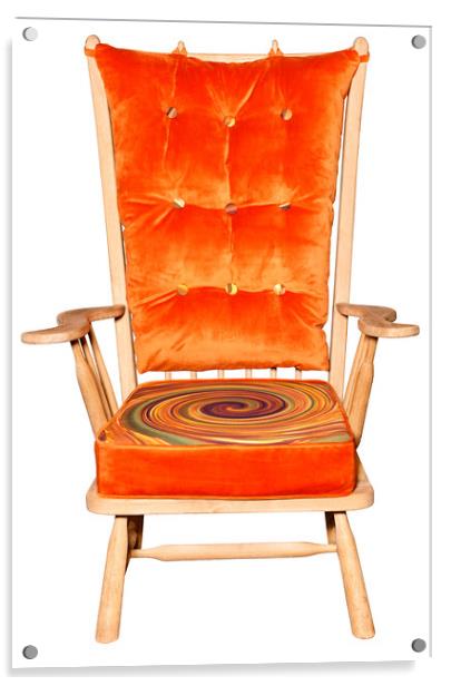 Wooden armchair with padded saddle and bright orange print, isolated on white background. Acrylic by Sergii Petruk